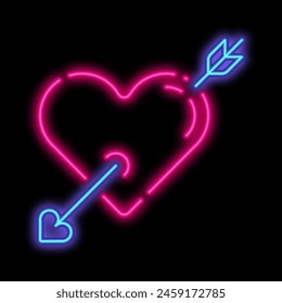 Neon glühender Pfeil durchbohrtes Herz. Valentinstag-Symbol, Herz von einem Pfeil durchbohrt. Nachtwerbezeichenelement. Glühendes Neon-Symbol isoliert auf schwarzem Hintergrund