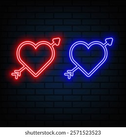 Neon glowing arrow pierced heart. Valentine's Day symbol, heart pierced by an arrow. Night advertising sign element. Glowing neon icon isolated on black background.