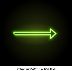 Neon glowing arrow pointer  on dark background. Colorful and shining retro light sign. Vector design element.