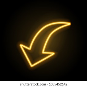 Neon glowing arrow pointer  on dark background. Colorful and shining retro light sign. Vector design element.