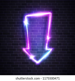 Neon glowing arrow pointer on dark brick wall background. Colorful shining retro light sign. Vintage retro signage. Abstract electric led wire vector illustration. Realistic design elements.