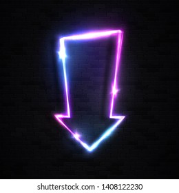Neon glowing arrow pointer on black brick wall background. Colorful and shining retro light sign. 1980s style nightlife signboard design element. Bright illuminated street object vector illustration.