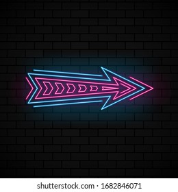 Neon glowing arrow pointer on dark brick background. Colorful and shining retro light sign. Vector illustration.