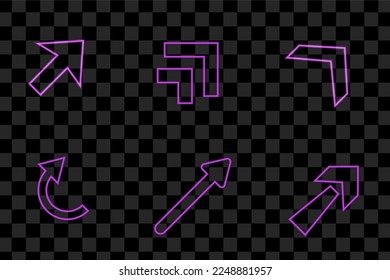 Neon glowing arrow pointer on dark background. Purple and shining retro light sign. Vector design element.