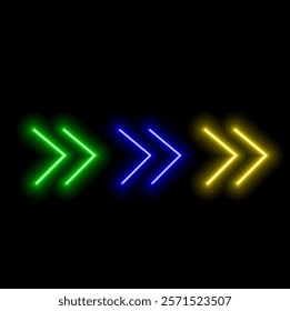 Neon glowing arrow pointer on dark brick wall background. Colorful and bright retro light sign. Vector Design Element.