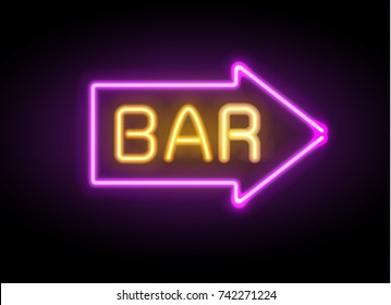 Neon Glowing Arrow Pointer On Dark Background. Colorful And Shining Retro Light Sign  Bar. Vector Design Element.