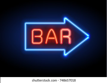 Neon glowing arrow pointer on dark background. Colorful and shining retro light sign  bar. Vector design element.