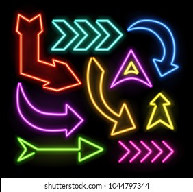 Neon glowing arrow pointer set  on dark background. Colorful and shining retro light sign collection. Vector design elements.