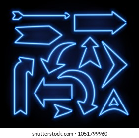 Neon glowing arrow pointer set  on dark background. Colorful and shining retro light sign collection. Vector design elements.