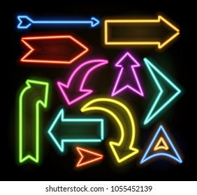 Neon glowing arrow pointer set  on dark background. Colorful and shining retro light sign collection. Vector design elements.