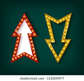 Neon glowing arrow pointer set on dark background. Colorful and shining retro light sign collection. Vector design elements.