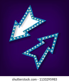 Neon glowing arrow pointer set on dark background. Colorful and shining retro light sign collection. Vector design elements.