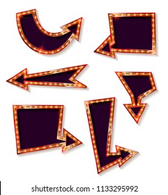 Neon glowing arrow pointer set on white background. Colorful and shining retro light sign collection. Vector design elements.