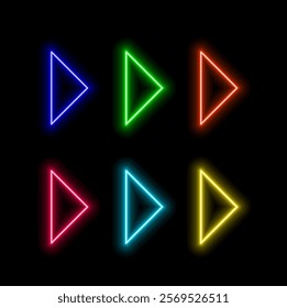 Neon glowing arrow pointer set on dark background. Colorful and shining retro light sign collection..
