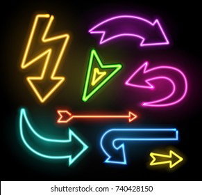 Neon glowing arrow pointer set  on dark background. Colorful and shining retro light sign collection. Vector design elements.