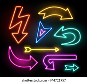 Neon Glowing Arrow Pointer Set  On Dark Background. Colorful And Shining Retro Light Sign Collection. Vector Design Elements.