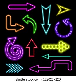 Las flechas brillantes de Neon son un gran juego. Signos luminosos sobre fondo oscuro. Ilustración del vector