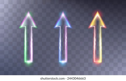 Neon glowing arrows, pointers, graphic resource on a transparent background. Glow VFX effect. Realistic vector.