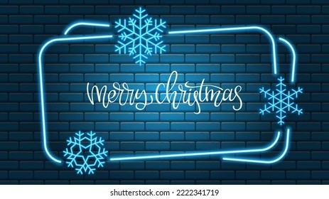 Neon glowing background. Merry christmas on brick wall background. Glowing inscription banner, vector illustration