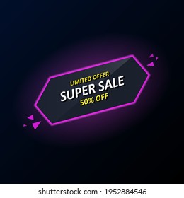 Neon glowing banner on dark background signboard text super sale template. Vector illustration.