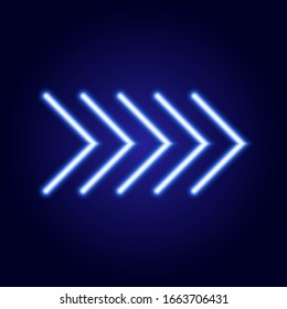 Neon glowing blue arrow pointer luminescence lines on classic blue dark background. Vector illustration.