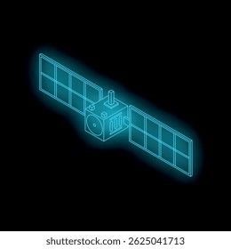 Neon glowing blue artificial satellite with solar panels orbiting earth on black background