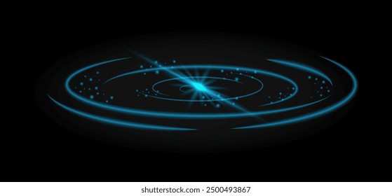 Neon glowing blue circles, stars in center and lines around. Shining light space portal. Fantasy space border. Abstract fantastic background.