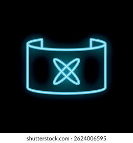 Neon glowing blue curved screen displaying rotating atom symbol on black background