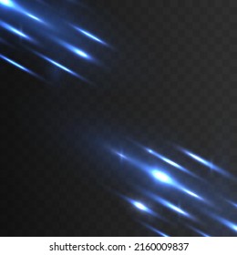Neon glowing blue lines. Chaotic neon rays of light. Light line and stripes moving fast. Speed movement pattern and motion blur over dark blue background. Blurry highlights. Vector illustration. 
