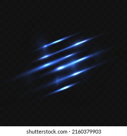 Neon brillando líneas azules. Caóticos neones de luz. Línea clara y rayas que se mueven rápidamente. Patrón de movimiento de velocidad y desenfoque de movimiento sobre fondo azul oscuro. Puntos destacados borrosos. Ilustración vectorial. 