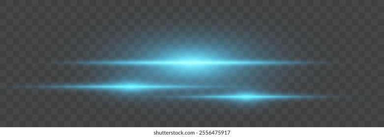 Neon glowing blue rays. The effect of horizontal lines and glare. On a transparent background.