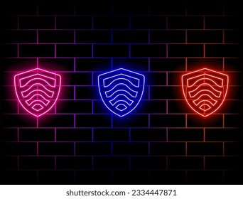 Neon glowing blue shield. icon. Bright sign logo vector. Green, red, yellow, pink, blue, orange