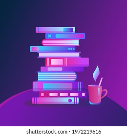 Neon Glowing Book with Cup of tea or coffee. Back to school vector illustration concept. School textbooks neon sign. Happy World Book Day Sign. Education, courses, training.