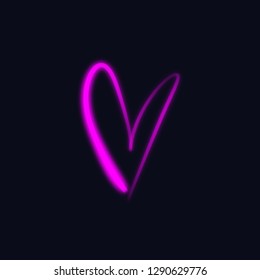 Neon glowing bright pink heart sign, isolated on dark background. Light painting. Valentine's Day clipart