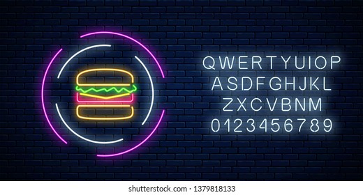 Neon glowing burger sign in circle frames with alphabet on a dark brick wall background. Fastfood light billboard symbol. Vector illustration.