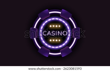 Neon glowing casino chip with card suits and CASINO text in center, futuristic style poker token on dark background. Vector illustration for gambling or entertainment themes