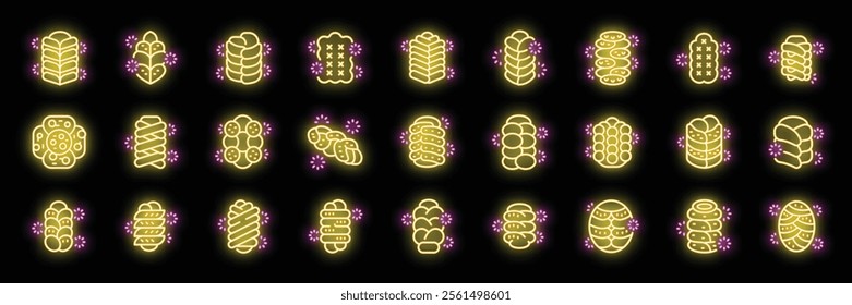 Neon glowing challah bread icons set showcasing diverse braided loaves, perfect for representing jewish celebrations and culinary traditions