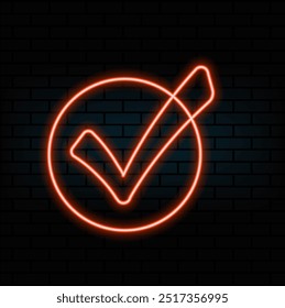 Neon glowing check mark sign on a black background..