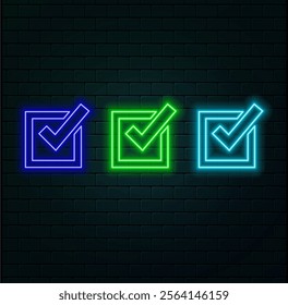 Neon glowing check mark sign on a black background