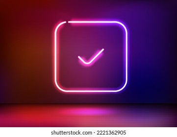 Neon glowing checkmark icon. 3d vector illustration






