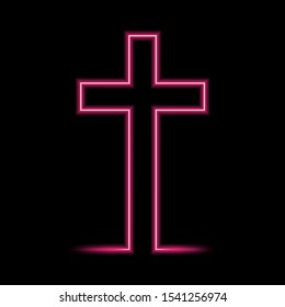 Neon glowing Christian Cross. Vector illustration. Glowing bright red Church Cross