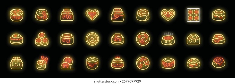 Neon glowing cinnamon rolls icons, showcasing various styles and flavors of this sweet treat