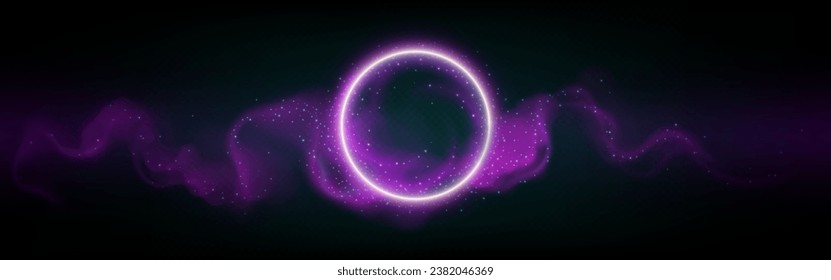 Círculo neón brillante con nube o humo y chispas. Ilustración vectorial realista del anillo púrpura de luz led con efecto de niebla sobre el fondo oscuro. Magia o marco de juego futurista o portal con neblina.