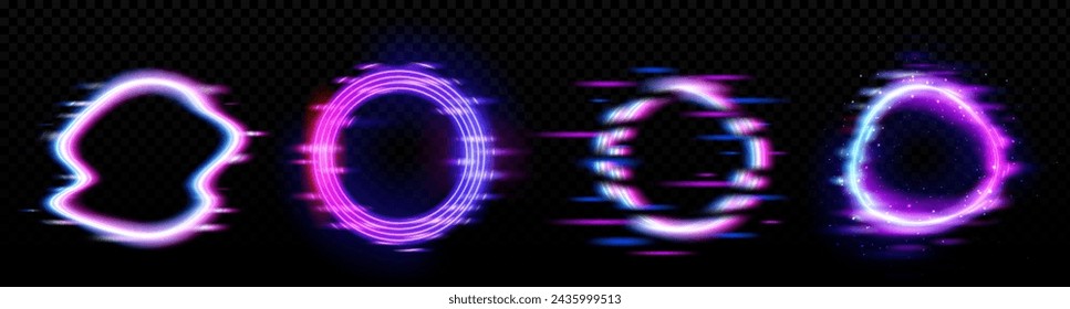 Marco de círculo brillante de neón con efecto glitch sobre fondo negro. Conjunto de ilustración vectorial realista de borde de anillo con bicho de luz digital de tv. Forma luminosa redonda con retardo de vídeo y textura de ruido.