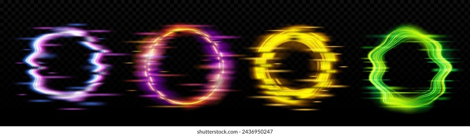 Neon glowing circle frame with glitch effect on black background. Realistic vector illustration set of ring border with tv digital light bug. Round luminous shape with video lag and noise texture.