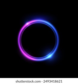 Neon glowing circle frame on black background. Vector illustration with vibrant pink and blue gradient light trails. Futuristic design element for banners, logos, or backgrounds.