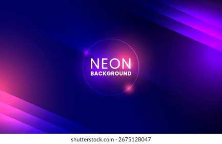 Círculo brillante de neón sobre fondo de degradado diagonal Abstractas en azul, púrpura y rosa: diseño de luz futurista para Anuncio digital, póster de música