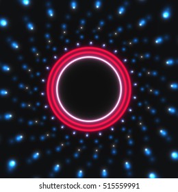 Neon, glowing circle on abstract background with many beautiful lights. Elements of design for your Projects summary. Vector illustration.