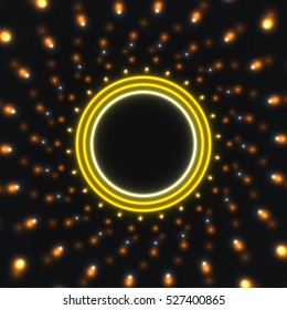 Neon, glowing circle on abstract background with many beautiful lights. Elements of design for your Projects summary. Vector illustration.