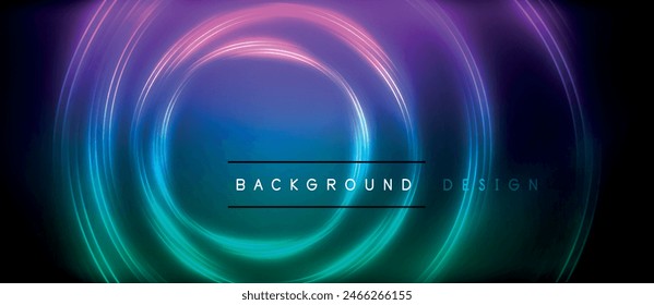 Rayos circulares brillantes de neón, líneas redondas claras en la oscuridad, líneas de ondas de neón estilo planeta. Diseño de concepto eléctrico energético para Fondo de pantalla, Anuncio, fondo